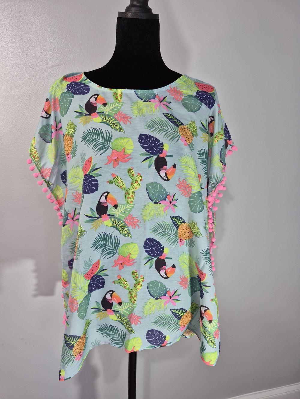 H&M Girls Tropical Toucan Swim Cover Up Tunic Pom Pom Size 12-14